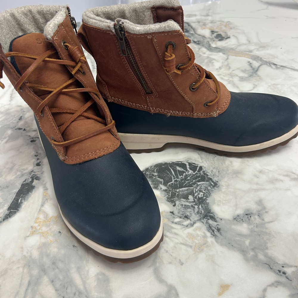 Sperry Brown and Blue Winter Rain Boots with Lace-Up Design